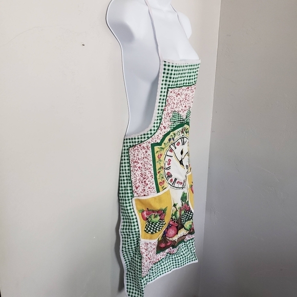 Vintage Apron Smock Green Gingham Plaid Red Apples Clock Yellow Fall Harvest - Picture 2 of 7